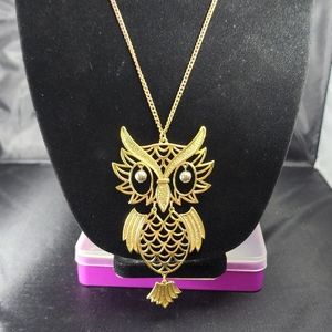 Necklace large articulated owl gold tone and silver tone 12" drop